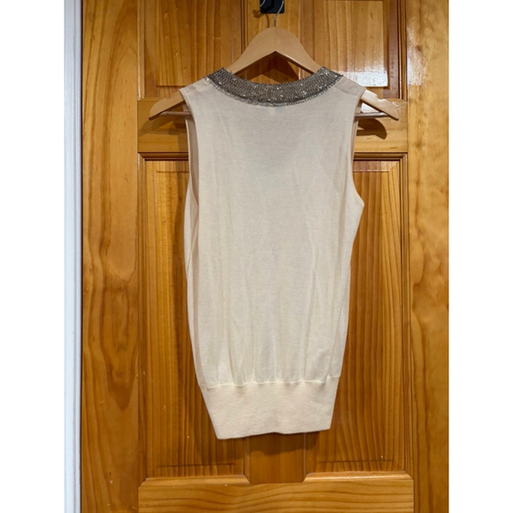 Oscar de la Renta Ivory Sleeveless Knit Top Beaded V-Neck Luxury Designer - Picture 5 of 6